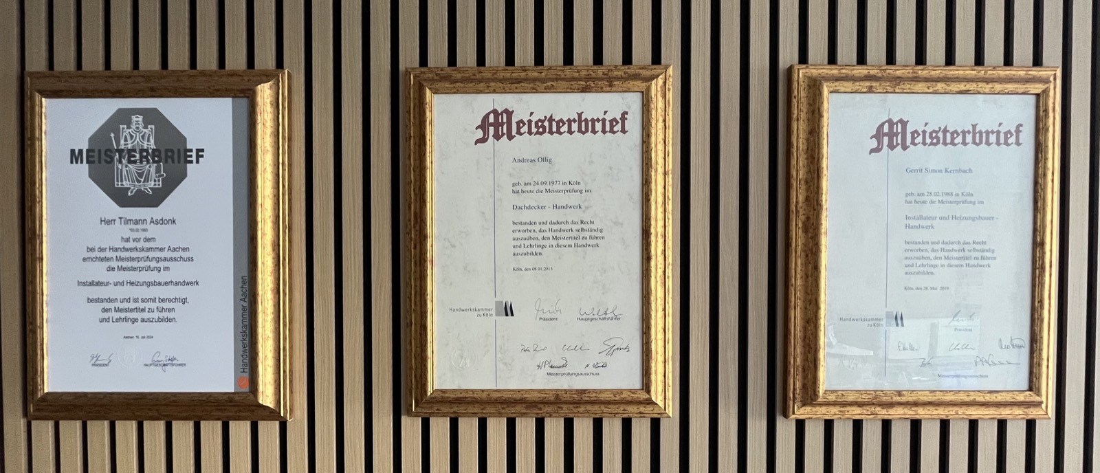 Meisterbriefe der Heizfix-Meister von der Handwerkskammer